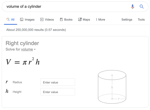 Výpočet objemu valca na Googli
