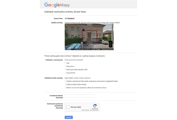 Street View formulár na nahlásenie nevhodnej fotografie