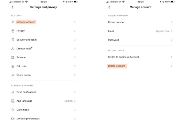 Odstránenie účtu z TikToku.